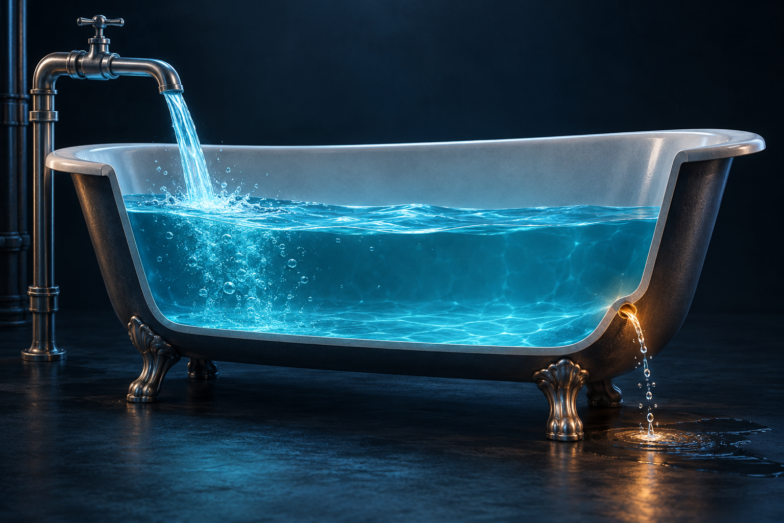 Baignoire se remplissant par un robinet, avec une petite fuite latérale