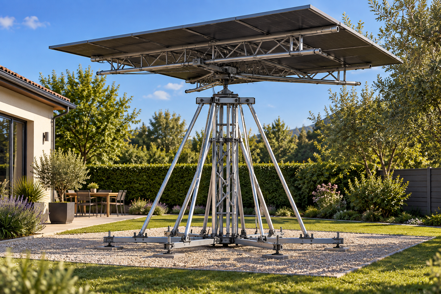 Visualisation du tracker solaire LINC : surface photovoltaïque portée par une structure métallique et son système d’orientation.